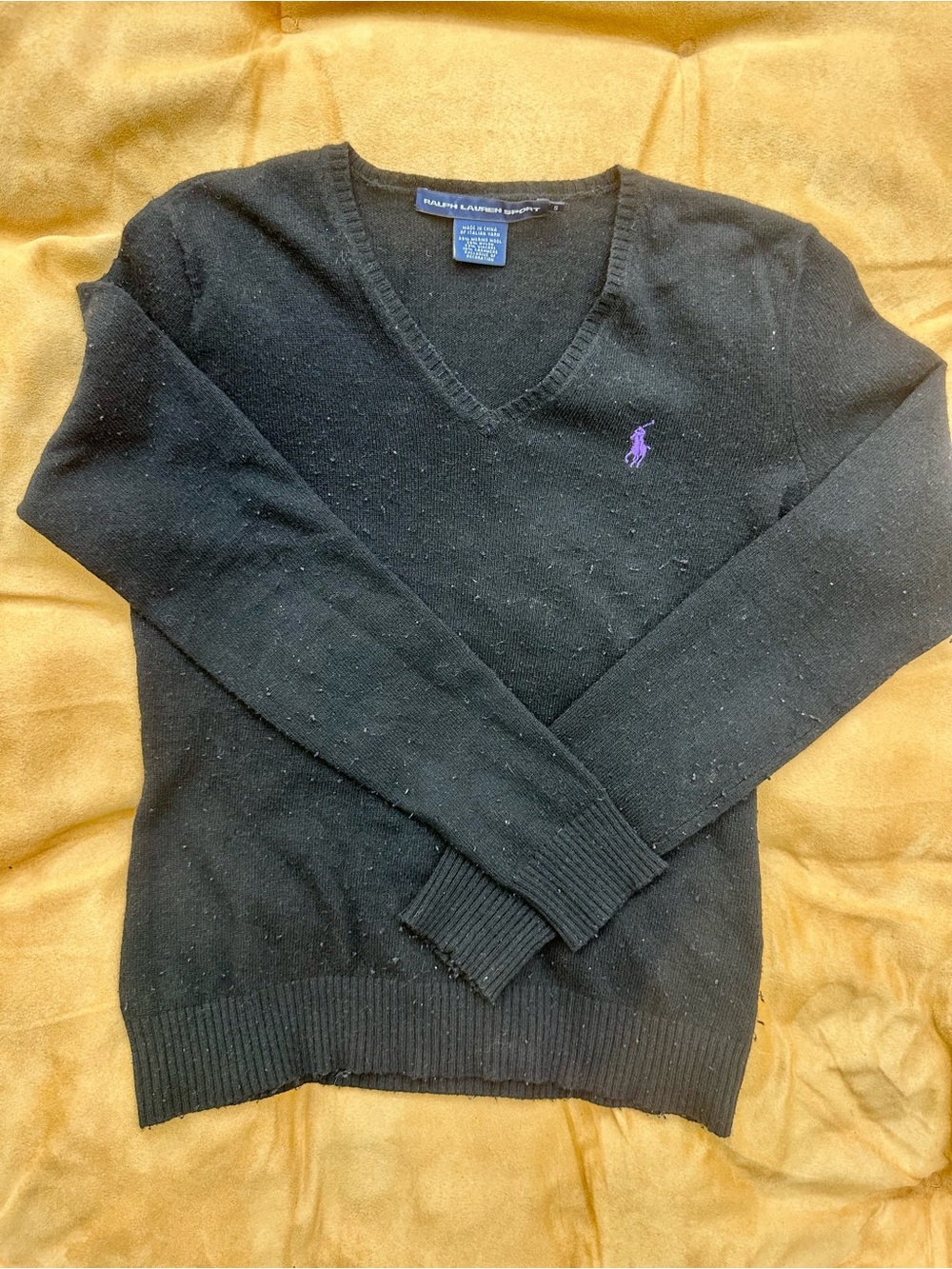 Ralph Lauren Black V-Neck Sweater with Purple Pony Embroidery